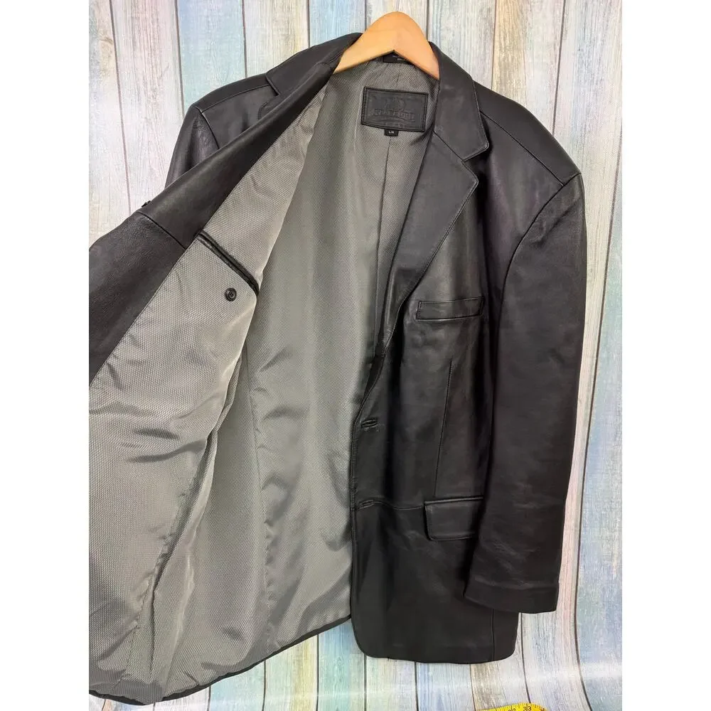 Stafford Executive Black Leather Blazer Size Large Two Button Biker Wedding